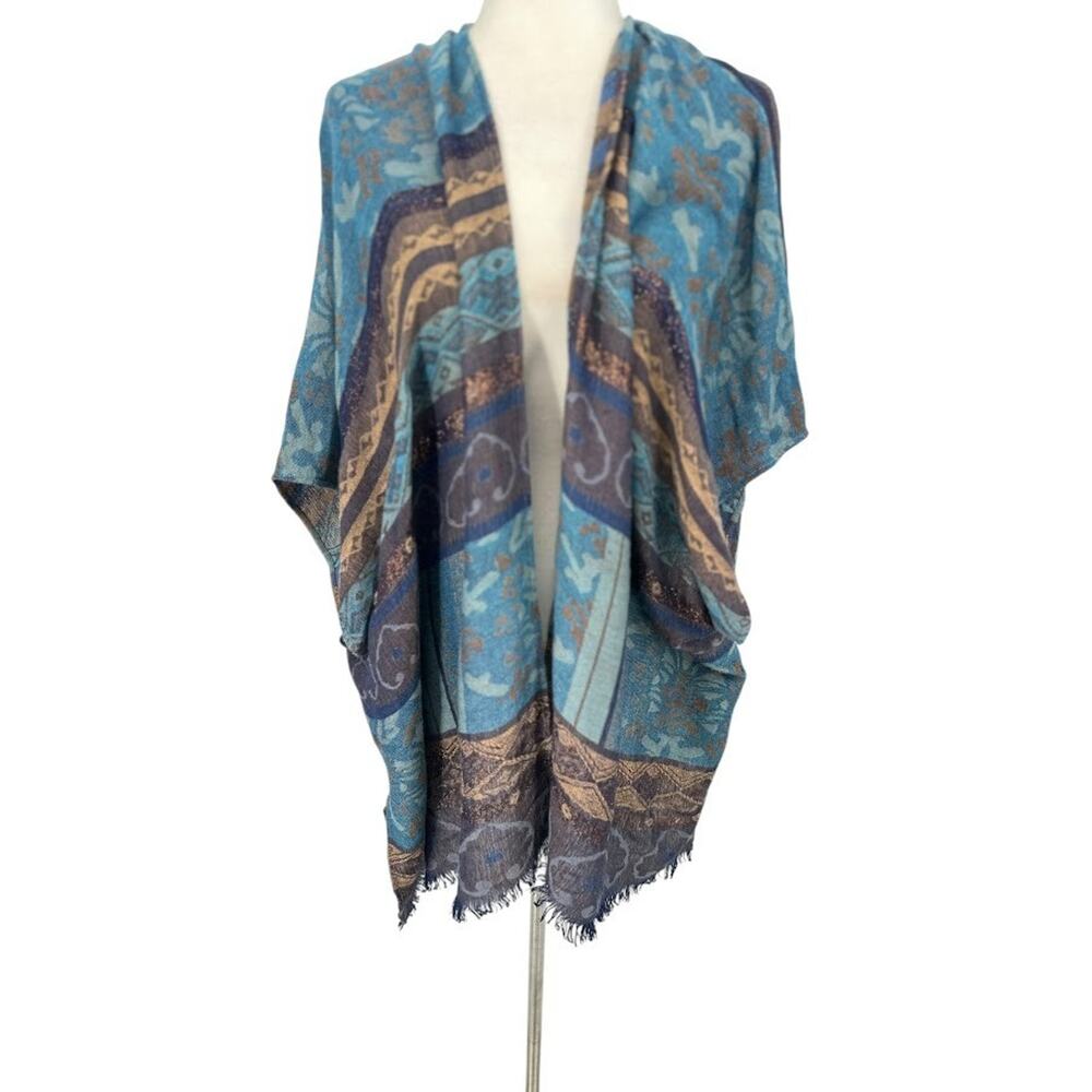 Chico’s Fringe Shawl Wrap Scarf Neutral Blue Tan Boho 27x80 Metallic One Size